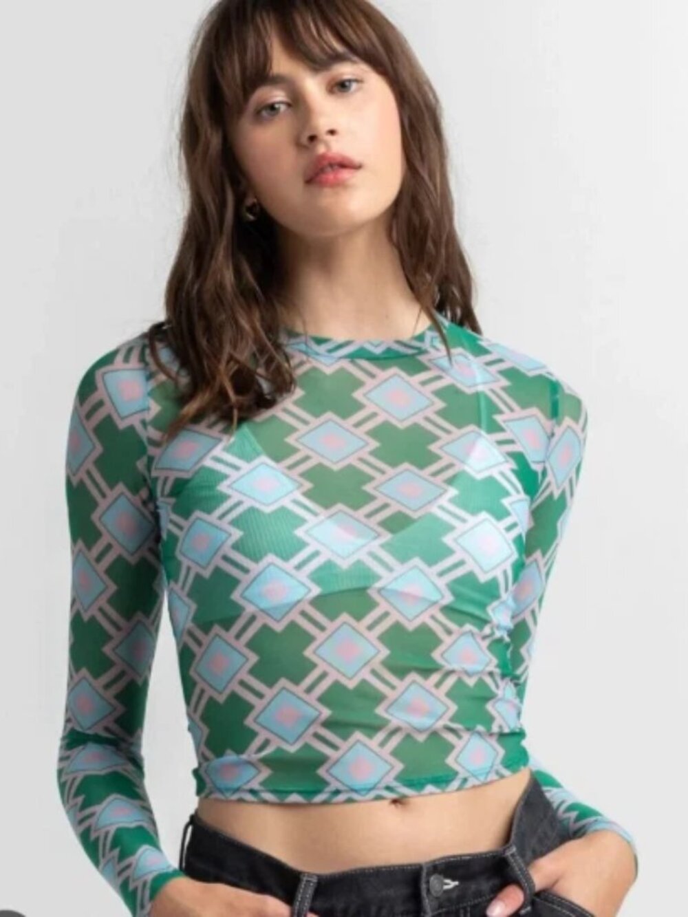 Full Tilt Mesh Top Women Large Green Geometric Long Sleeve Excellent Y2K Sheer